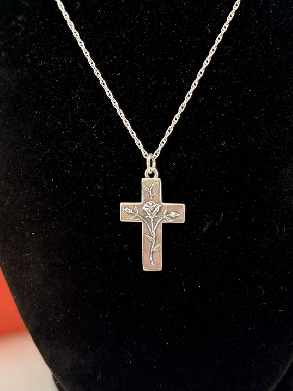 JAMES AVERY Sterling Silver Budding Rose Cross Pendant  17.25” Necklace; RETIRED